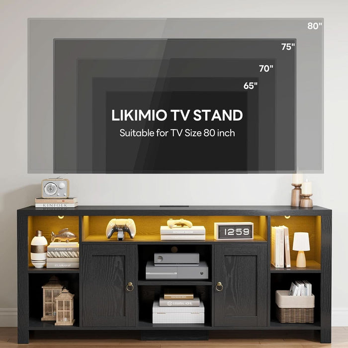 TV Stand for Tvs 80 Inch with LED Lights & Power Outlet, Entertainment Center with Cabinets, Adjustable Shelves and Open Shelves, Modern Media TV Console Living Room, Black