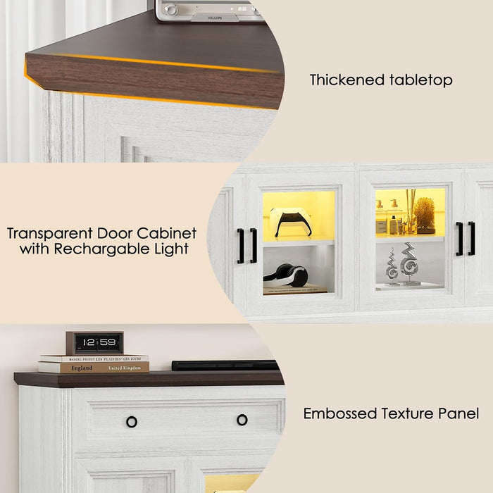 63'' Sideboard Buffet Cabinet with Power Outlet, Antique White