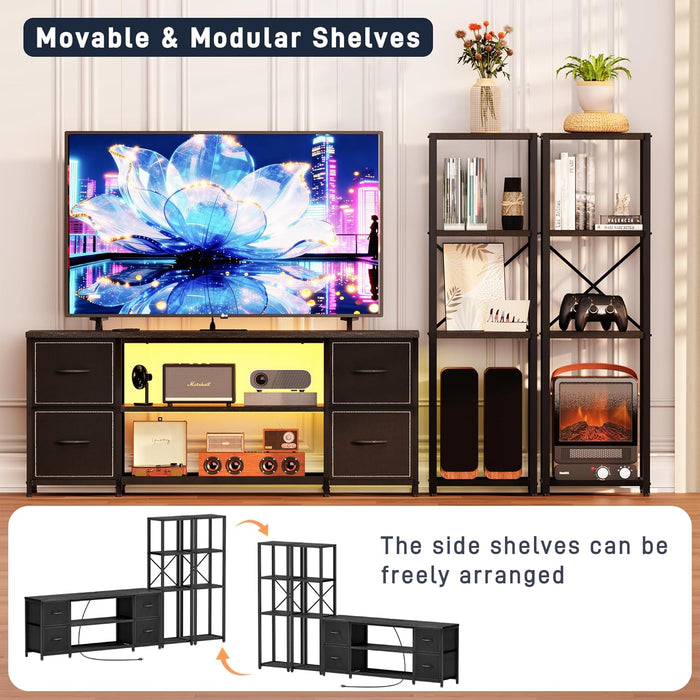 LED TV Stand 60 Inch for Living Room with Charging Station, Farmhouse Entertainment Center with 2 Industrial Bookshelves, Modern Console Cabinet with Storage Drawers (Black)
