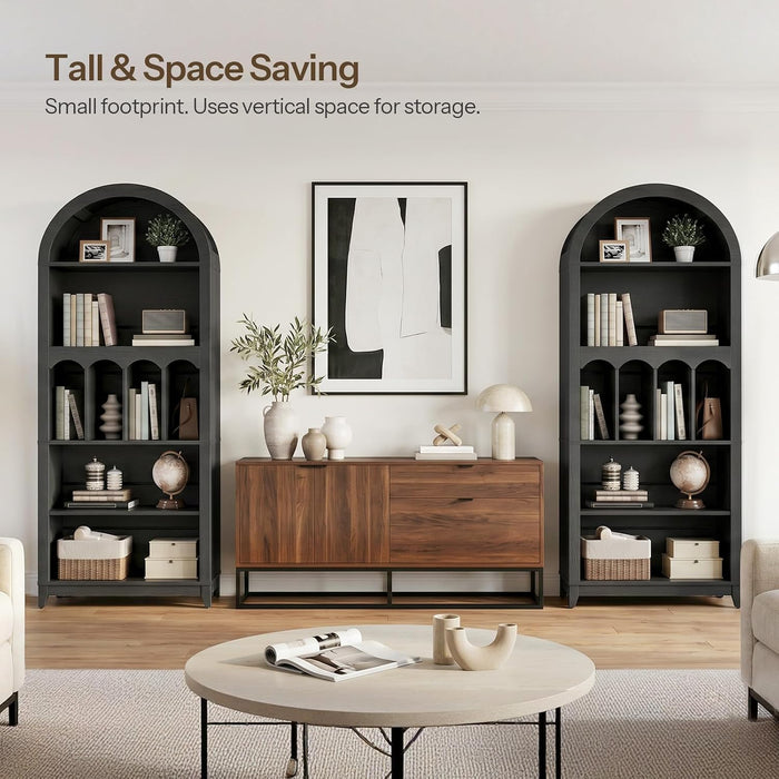 70.9" Tall Arched Bookcase, Wooden Open Display Shelves, Black | 5-Tier Book Shelf with Storage, Farmhouse Arched Cabinet for Bedroom, Home Office, Living Room