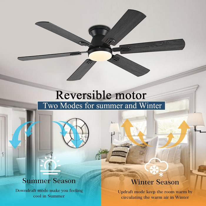 56 Inch Ceiling Fans with Lights, Black Flush Mount Ceiling Fan with Light and Remote/App Control, 3CCT, RGB, Dimmable, Noiseless, Low Profile Ceiling Fan for Bedroom, Patio, Indoor/Outdoor Use