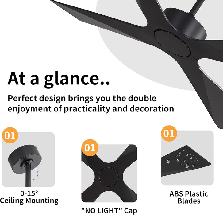 54" Wet Rated Outdoor Ceiling Fan without Lights, 4 ABS Plastic Blades, Reversible DC Motor, 6-Speed Remote Control, Waterproof Ceiling Fan No Lights for Patio Porch Gazebo Garage, Black