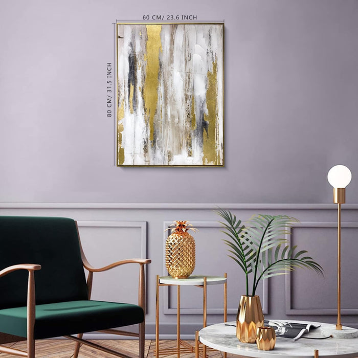 Abstract Wall Art with Gold Foil - 24 X 32 Inches Gold and Gray Canvas Print with Texture for Modern Style Decor，Framed, Ready to Hang