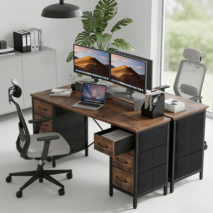 47 Inch Computer Desk with 8 Fabric Drawers, Office Gaming Desk with Storage, Writing Study Table with X-Shaped Reinforced Structure, Dark Brown