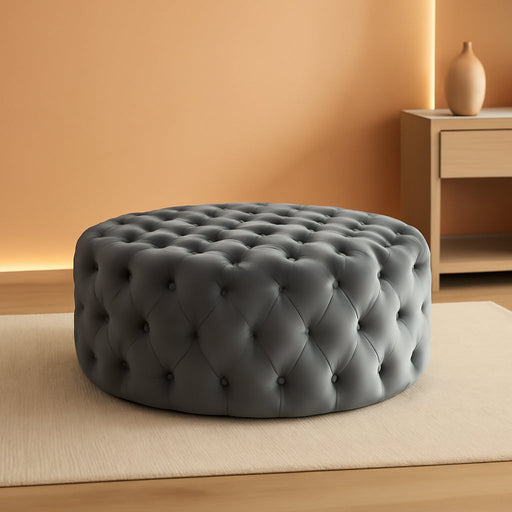 31.5" round Ottoman, Large Velvet-Feel Upholstered Foot Stool with Button Tufted Design and Padded Seat for Living Room, Entryway, Dark Gray