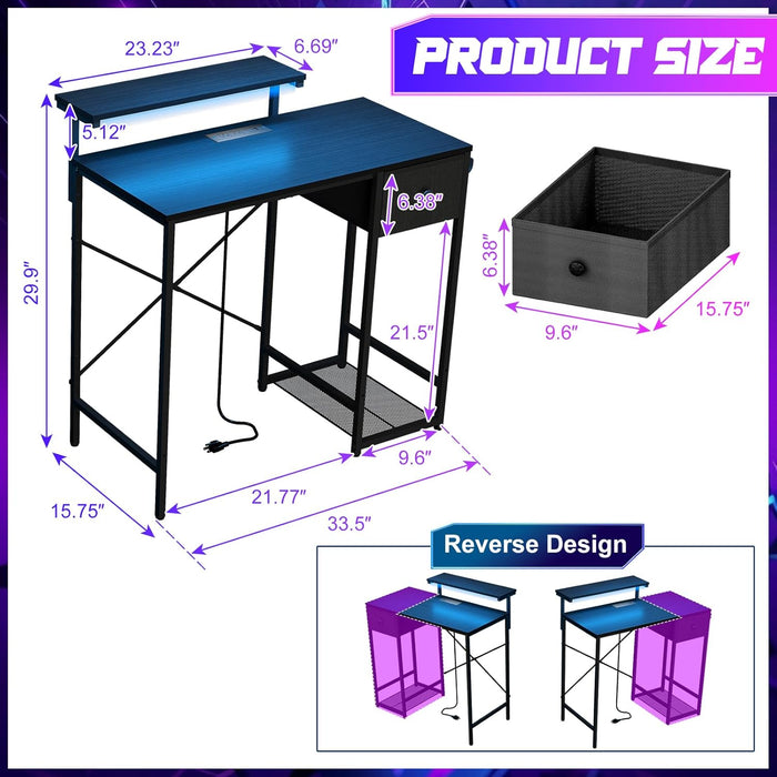 33.5" Small Gaming Desk with LED Lights & Power Outlets, Compact Computer Desk with Monitor Stand & CPU Stand, Gamer Table with Storage Drawer, Side Hooks for Home Office, Bedroom, Black