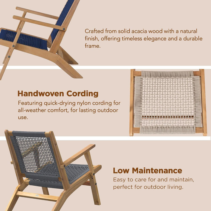 62773 Vega Natural Stain Outdoor Chair Acacia Wood Construction Hand Woven Seat Mid Century Design Comfortable Reclining Armchair Patio Lawn Garden Backyard Deck - Ecru Cording