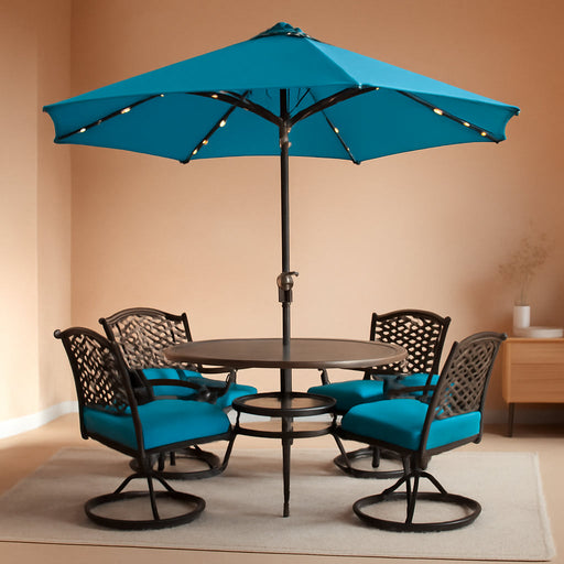 9FT 8Ribs Patio Umbrella with 32 Solar LED Lights, Outdoor Market Umbrella with Tilt & Crank, UV Protection & Fade Resistant Fabric, Easy Set-Up for Garden, Deck, Pool (Turquoise)