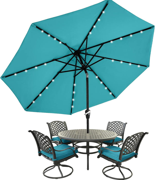 9FT 8Ribs Patio Umbrella with 32 Solar LED Lights, Outdoor Market Umbrella with Tilt & Crank, UV Protection & Fade Resistant Fabric, Easy Set-Up for Garden, Deck, Pool (Turquoise)