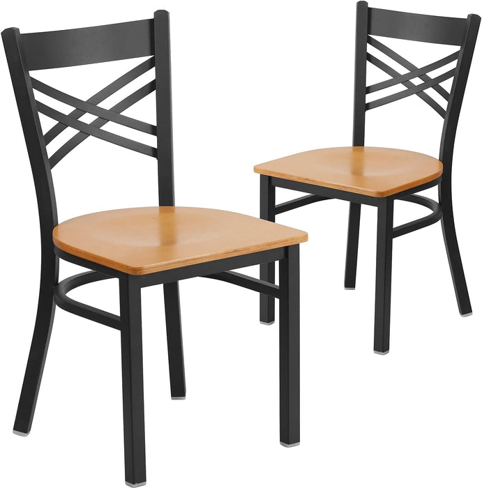 2 Pack HERCULES Series Black ''X'' Back Metal Restaurant Chair - Natural Wood Seat