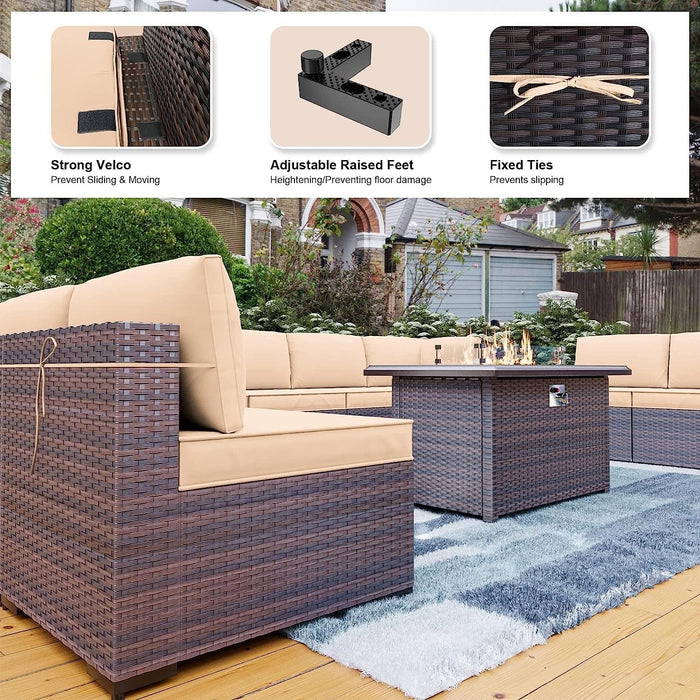 13PCS Outdoor Patio Furniture Set with 43" 55000BTU Gas Propane Fire Pit Table PE Wicker Rattan Sectional Sofa Patio Conversation Sets,Khaki