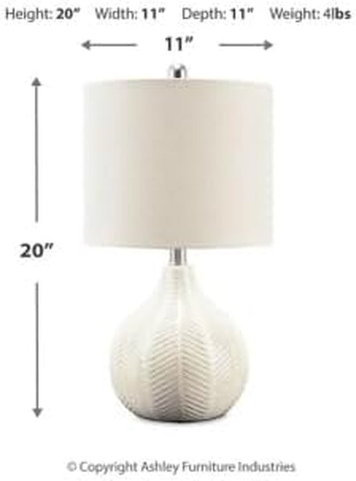 Signature Design by Ashley Rainermen Casual Ceramic Table Lamp, Transparent White Glaze Finish, Drum Hardback Fabric Shade, 11" W X 11" D X 21" H, off White