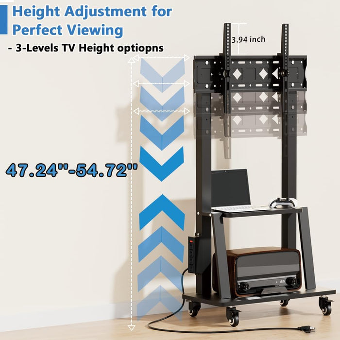 Mobile TV Cart with Power Outlet, Rolling TV Stand on Wheels for 32-75 Inch Television, Mobile TV Stand Height Adjustable,15° Adjustable Viewing Angle,Max 130LBS, Vesa Max 600×400