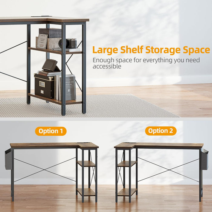 L Shaped Computer Desk with Power Outlets, 47 Inch Small Corner Desk with Reversible Shelves, Gaming Desk Computer Table Study Writing Desk for Home Office Small Space, Rustic Brown