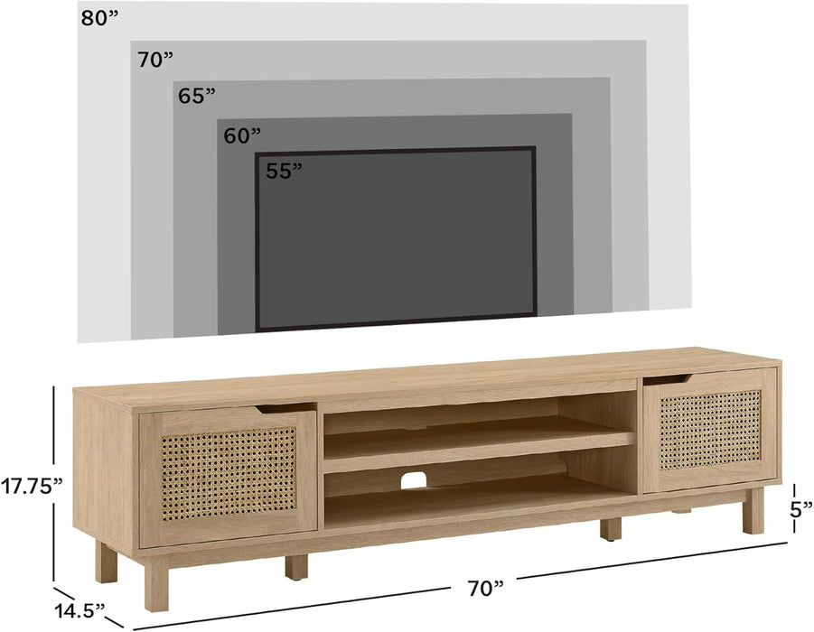 Destin Modern Minimal Rattan-Door TV Stand for Tvs up to 80 Inches, 70 Inch, Coastal Oak