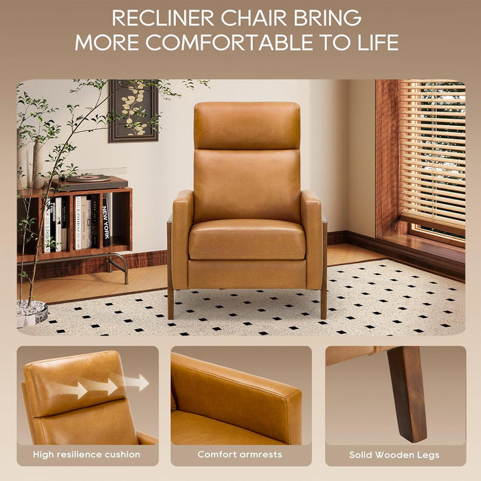 Push Back Recliner Chair, Upholstered Leather Recliner with Footrest 118-150 Degree Adjustable, Comfy Modern Wingback Recliner for Living Room, Bedroom,Small Spaces,Camel