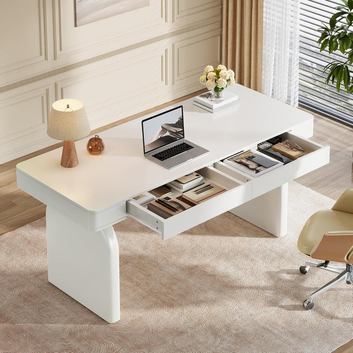 White Desk with Drawers, 63-Inch Modern Executive Office Desk, Glossy Elegant Work Study Writing Table for Home Office, Cream White