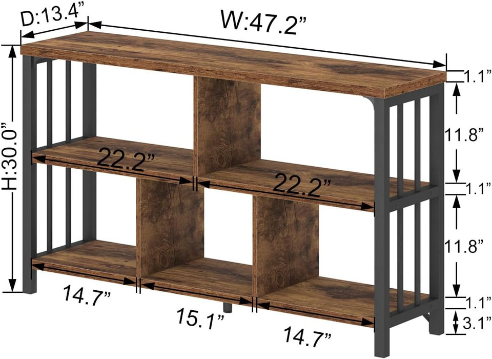 Low Book Shelf, Industrial Horizontal Bookcase, Rustic Brown, 47 Inch | Farmhouse 3 Tier Open Bookshelf, Long Wide 5 Cube Storage Organizer, Wood Metal Cubby Bookcase for Bedroom Living Office