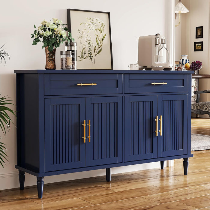58 Inch Sideboard Buffet Cabinet with Storage, Fluted Buffet Storage Cabinet with 2 Drawers and 4 Doors, Modern Coffee Bar with Adjustable Shelves for Living Room, Kitchen (Blue)