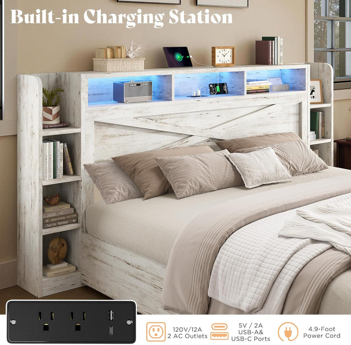 45'' Farmhouse Queen Bed Frame with Bookcase Headboard, LED Bed Frame with Side Shelves & Underbed Drawers, Wood Platform Bed with Charging Station, White