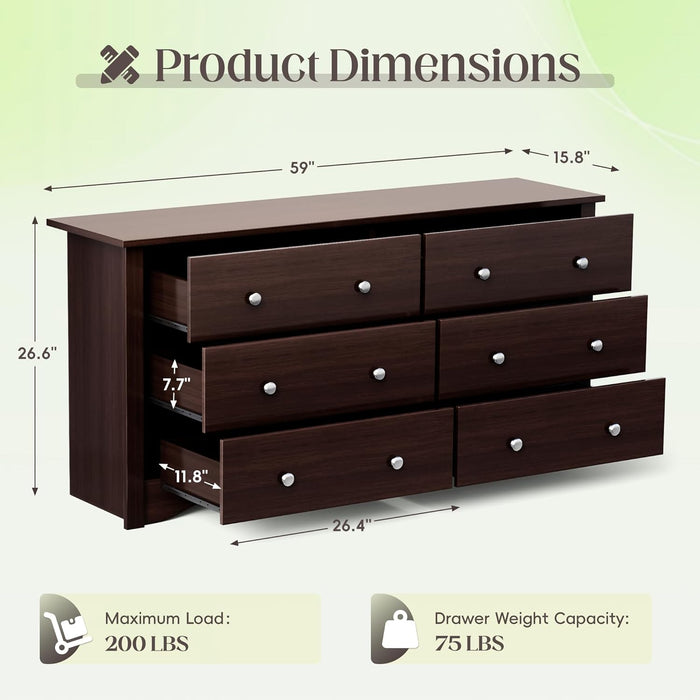 Dresser for Bedroom, 6 Wood Dresser Drawers, Wide Chest of Drawers, Storage Tower Unit, Modern Design for Bedroom, Living Room, Hallway, Entryway (Dark Brown)