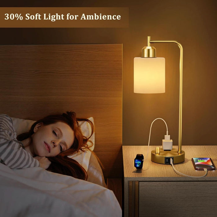 Gold Lamp for Bedroom - Industrial Bedside Table Lamp with USB Port and Outlet, Fully Dimmable Nightstand Lamp with Opal Glass Shade, Small Desk Lamps for Home Office