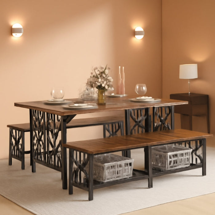 3-Piece Dining Table Set for 4-6 People, 63" Dining Room Table with 2 Benches, Industrial Rectangular Dining Room Table Set with Storage for Kitchen, Dining Room, Rustic Brown