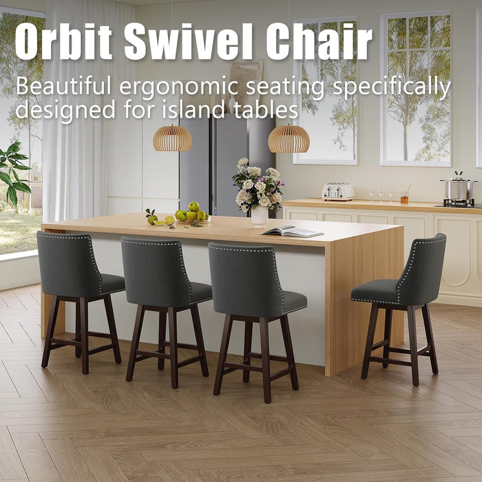 26 Inch Bar Stools Set of 3, Counter Height Swivel Barstools with Back, Solid Wood Legs with Footrest for Kitchen Island (Dark Grey Linen, 3)