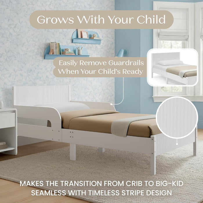 Cora Wood Twin Bed with Removable Guardrails - Wood Twin Bed with Slats Supports for Girls & Boys Teens, No Box Spring Needed, White Oxford Stripes