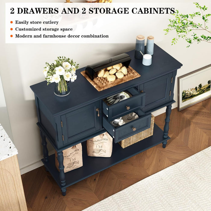 Console Table with 2 Drawers, Retro Entryway Table with 2 Door Cabinets and Open Storage Shelf, Narrow Long behind Couch Sofa Table for Living Room, Foyer, Hallway, Blue