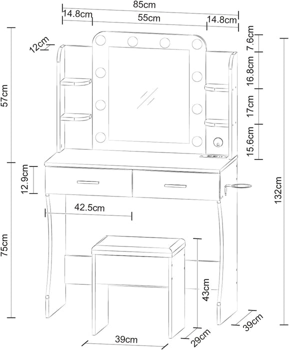 Vanity Desk Set with Mirror, LED Lights and Power Outlet Makeup Table with 2 Large Drawers and round Holder, Dressing Table with Cushioned Stool for Bedroom, Dressing Room (White)