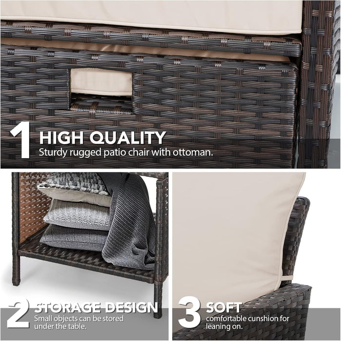 Balcony Furniture 5 Piece Patio Conversation Set, PE Wicker Rattan Outdoor Lounge Chairs with Soft Cushions 2 Ottoman&Glass Table for Porch, Lawn-Brown Wicker