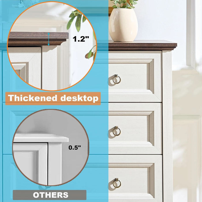 48" H Tall Dresser for Bedroom, Farmhouse 5 Drawer Dressers, Wood Chest of Drawers with 1.2" Thickened Top, Antique White
