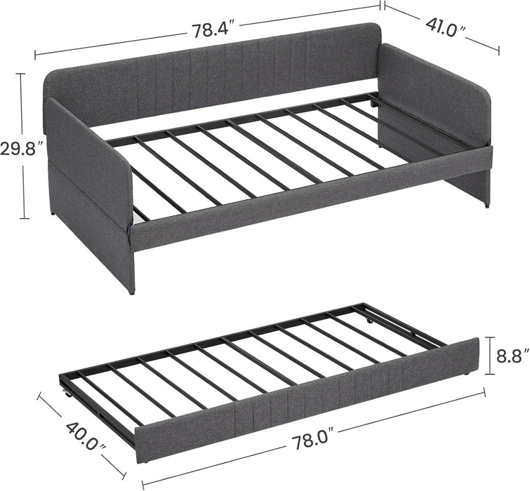 Twin Daybed with Trundle Bed Twin, Linen Upholstered Day Bed with Arm and Backrest, No Box Spring Needed Daybed, Twin Size Day Bed Gray