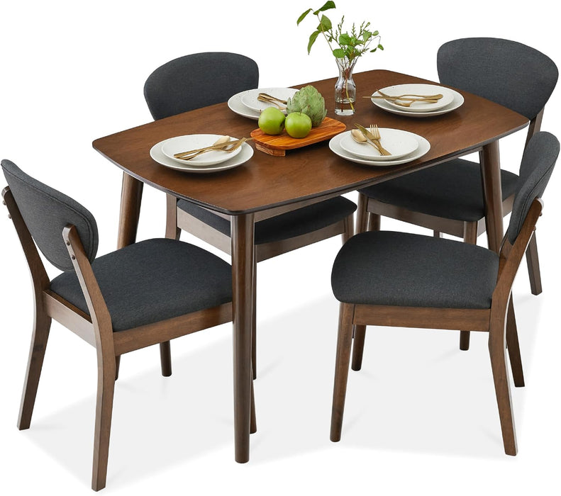 5-Piece Dining Set, Compact Mid-Century Modern Table & Chair Set for Home, Apartment W/ 4 Chairs, Padded Seats & Backrests, Wooden Frame - Walnut/Charcoal