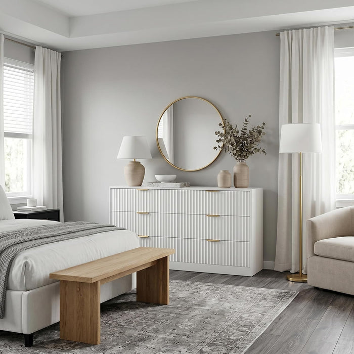 White 6 Drawer Dresser for Bedroom, 55" Wide Fluted Chest of Drawers with Gold Metal Handles, Wood Dresser Storage Organizer Mid Century TV Stand for Living Room Closet Hallway