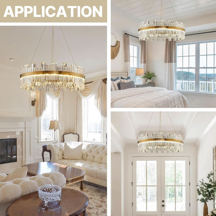 23.6''Gold Modern LED Crystal Chandelier- Contemporary Chandelier Light Fixture,Luxury Adjustable Height Chandeliers,3 Colors Dimmable Pendant Ceiling Light for Dining Room Foyer with Remote Control
