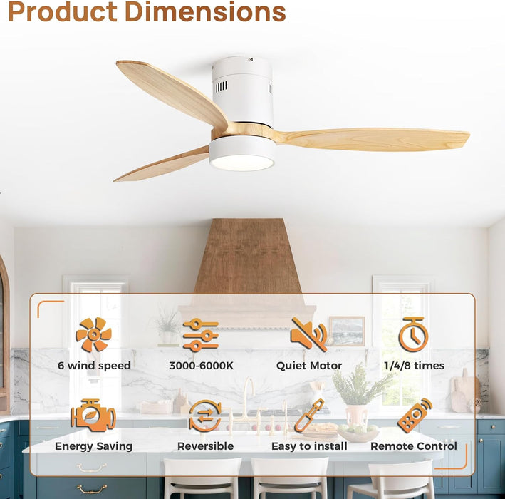 52 Inch Wood Low Profile Ceiling Fans with Lights and Remote, Modern Flush Mount Quiet Ceiling Fan for Bedroom, Reversible DC Motor for Living Room/Farmhouse/Patio/Indoor/Outdoor(White+Wood)