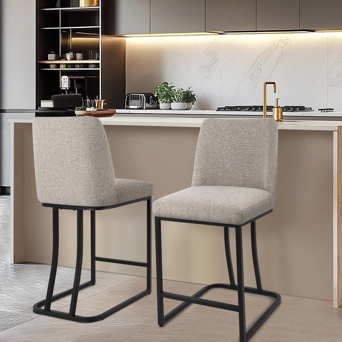 Counter Height Bar Stools Set of 2, 24 Inch Seat Height Bar Chairs for Kitchen Island, Linen Fabric Upholstered Barstools with Metal Feet for Dining Room, Sand Color