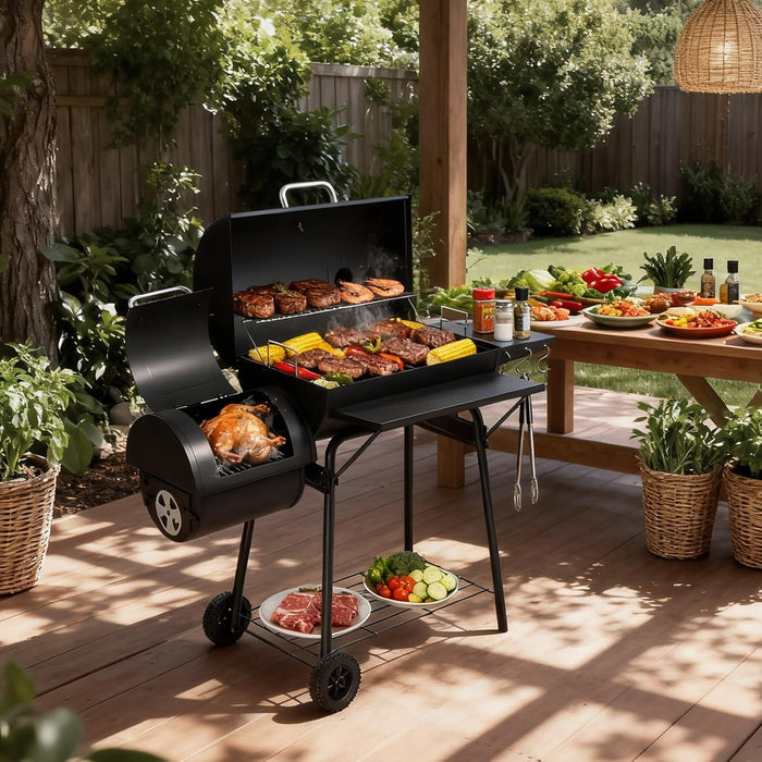 Barrel Charcoal Grill with Offset Smoker, Built-In Lifting Carbon Mesh, Large Charcoal Barbecue Smoker Grill Combo for Outdoor Backyard Patio Camping Parties 52 × 20 × 44 Inch