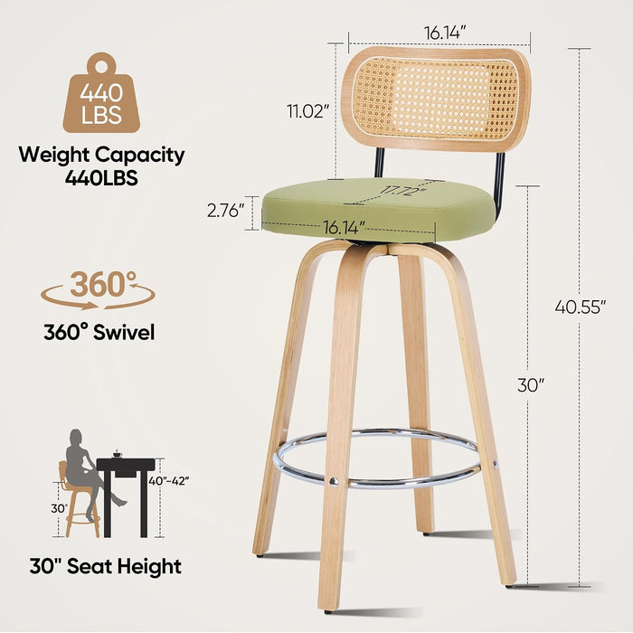 Rattan Bar Stools Set of 2,Upholstered PU Leather, 30''Counter Height Barstools with Back and Wood Legs,360°Swivel,Mid-Century Modern Bar Stool for Kitchen Island Dining Room and Bar(Grass Green)