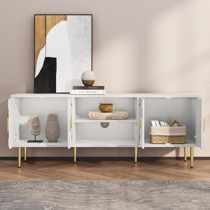 63'' White TV Stand for 65/70/75 Inch TV, Entertainment Center with Storage Cabinets and Embossed Pattern Doors, Mid Century Modern Media TV Console Table for Living Room Bedroom