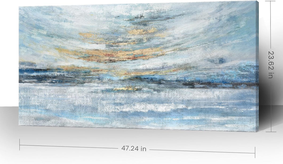 Abstract Wall Art for Living Room Large Framed Light Blue Canvas Print Coastal Theme Artwork Modern Ocean Skyline and Sunset & Sunrise in the Seaside Painting for Home Bedroom Décor 48X24Inch