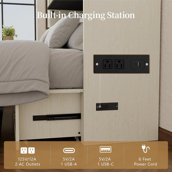 Rustic White Queen Size Murphy CabinetBed USBCharging