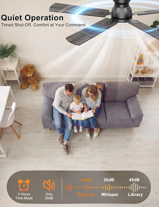 Ceiling Fans with Lights, 52 Inch Low Profile Ceiling Fan with Light and Remote/App Control, Flush Mount, Dimmable, Qiuet DC Motor, Black Ceiling Fan for Bedroom, Living Room