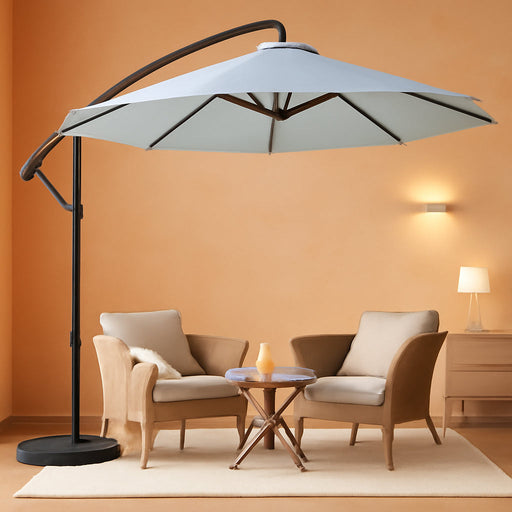 10FT Cantilever Patio Umbrella with Base Included, 360° Rotation Outdoor Offset Umbrella Bonus Fix Frame & Weights Bag for Backyard, Deck, Poolside (Gray)