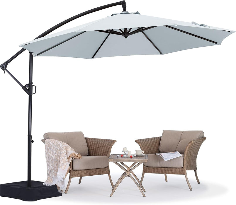 10FT Cantilever Patio Umbrella with Base Included, 360° Rotation Outdoor Offset Umbrella Bonus Fix Frame & Weights Bag for Backyard, Deck, Poolside (Gray)