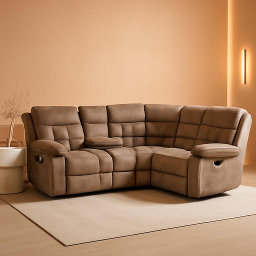 Manual Reclining Sectional Sofa Set for Living Room, Soft Fabric Recliner Corner Sectional Couch with Center Console, Cup Holder and Storage, Brown