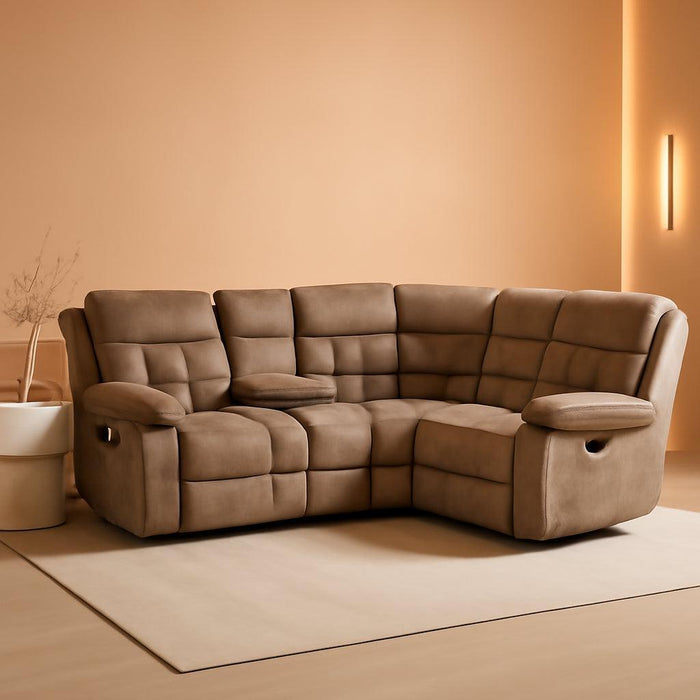 Manual Reclining Sectional Sofa Set for Living Room, Soft Fabric Recliner Corner Sectional Couch with Center Console, Cup Holder and Storage, Brown