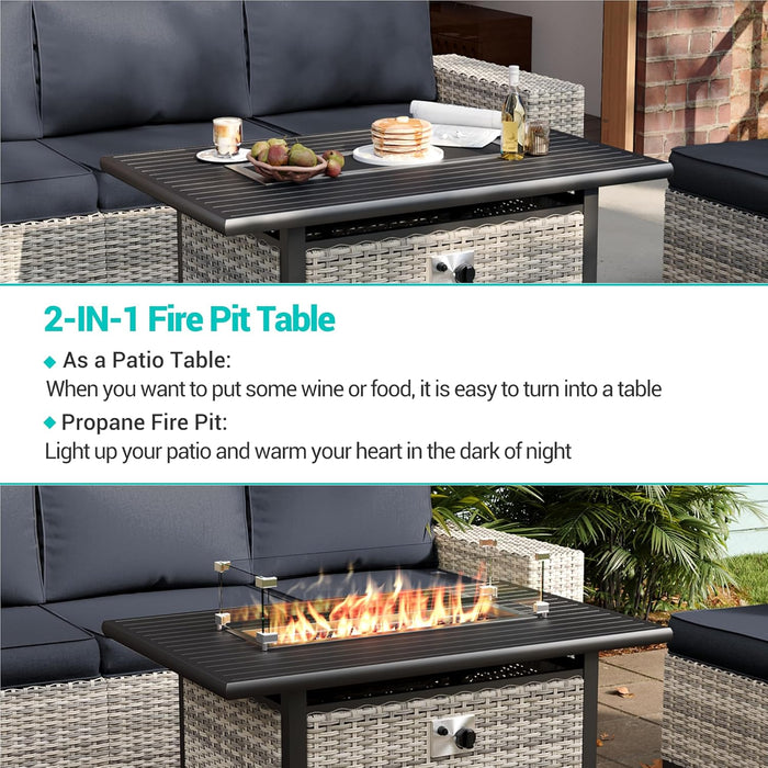 7Pcs Patio Rocking Swivel Chair with 55,000 BTU Fire Pit Table Outdoor Wicker Rattan Bistro Set with Tempered Glass Side Table, Outdoor Patio Furniture Set for Garden and Balcony, Dark Grey